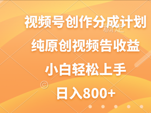 视频号创作分成计划,纯原创视频告收益,新手小白轻松上手,日入800+